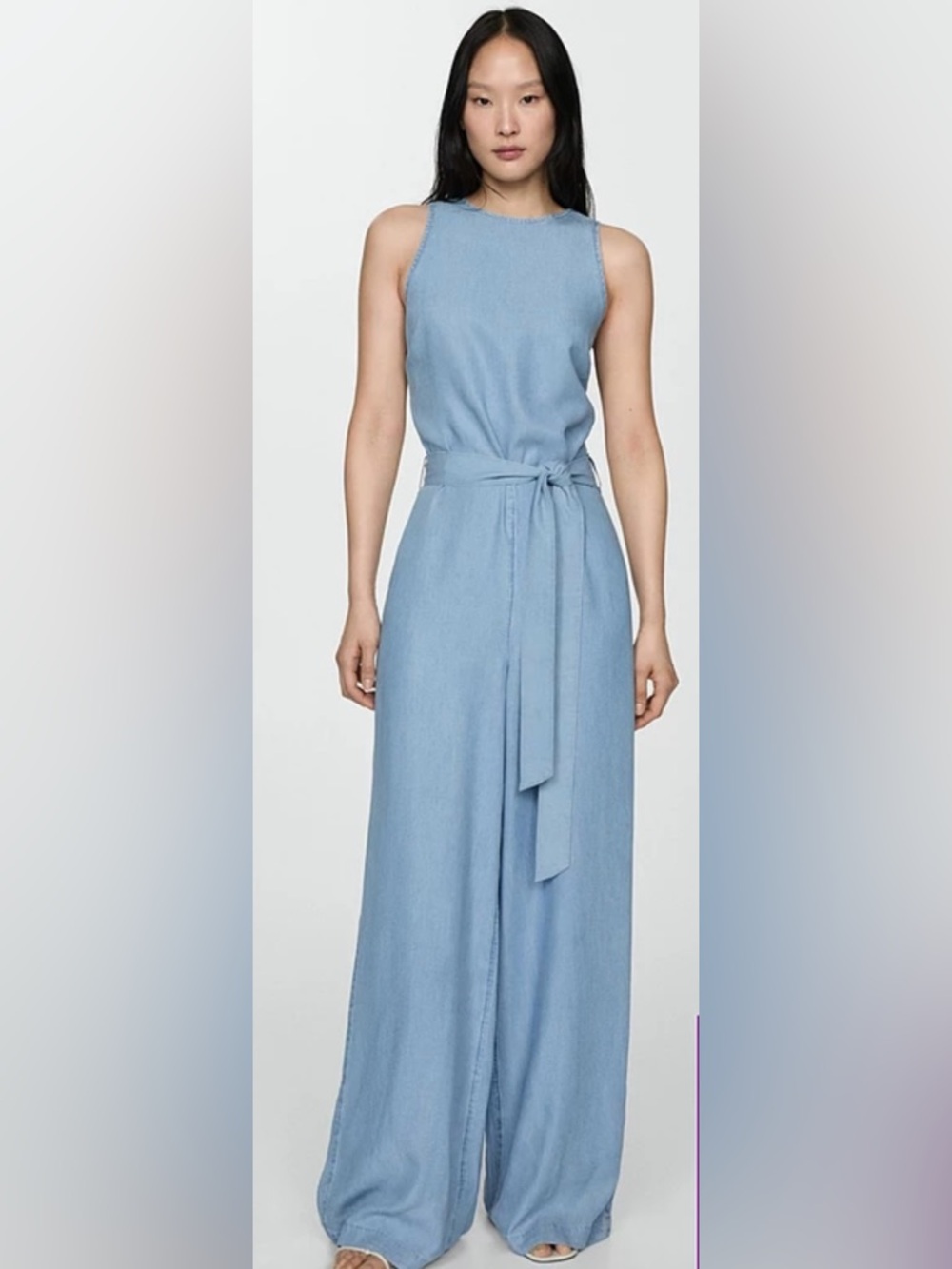Mango Lyocel Sleeveless Light Blue Wide-Leg Jumpsuit *Missing  Waist Tie*